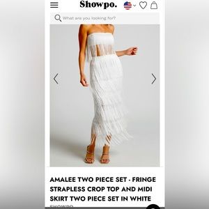 WHITE TWO PIECE SET- FRINGE STRAPLESS CROP TOP AND MIDI SKIRT TWO PIECE SET S10